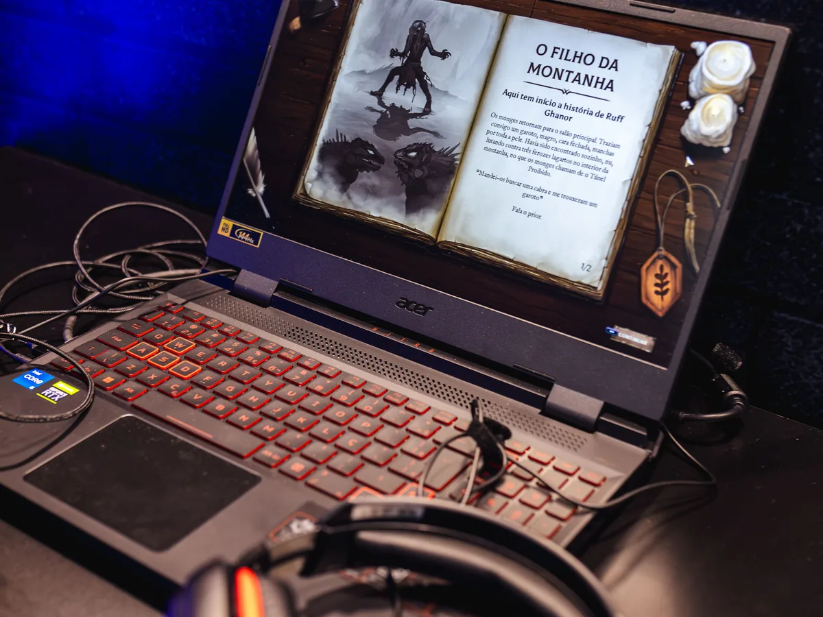 Real gaming laptop with illuminated keyboard and headset
