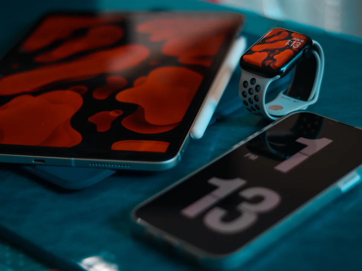 Real tablet, smartphone and smartwatch arranged together